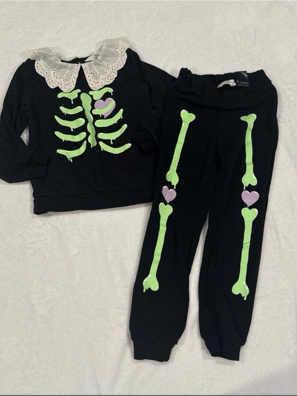 H&M Black Kids Skeleton Two-Piece Set with Green Bones and Purple Hearts
